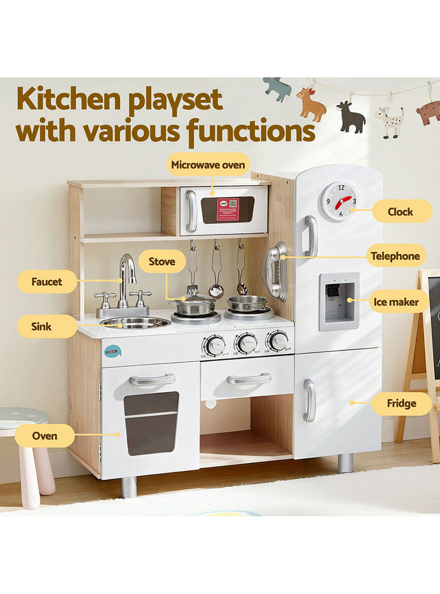Keezi Kids Beige And White Wooden Kitchen Playset With Clock - Info Image 1