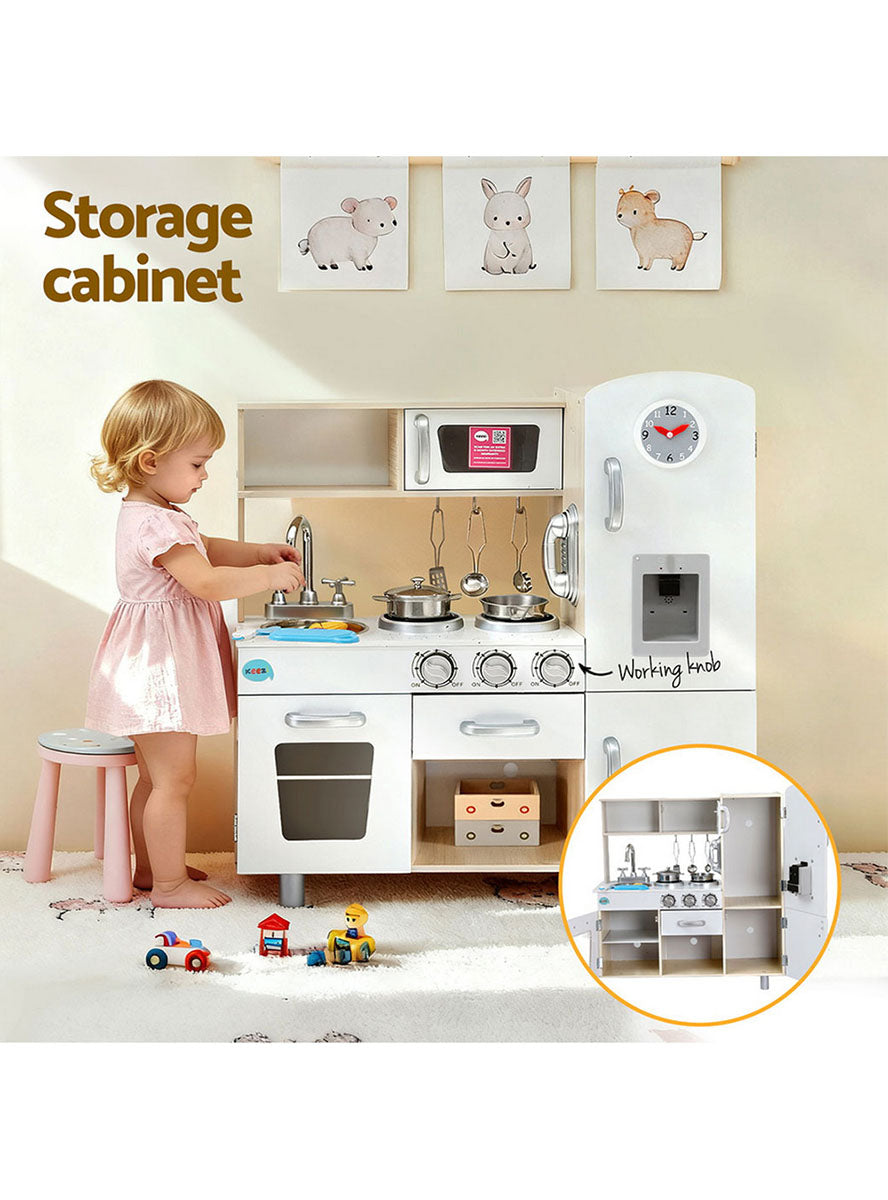 Keezi Kids Beige And White Wooden Kitchen Playset With Clock - Info Image 4