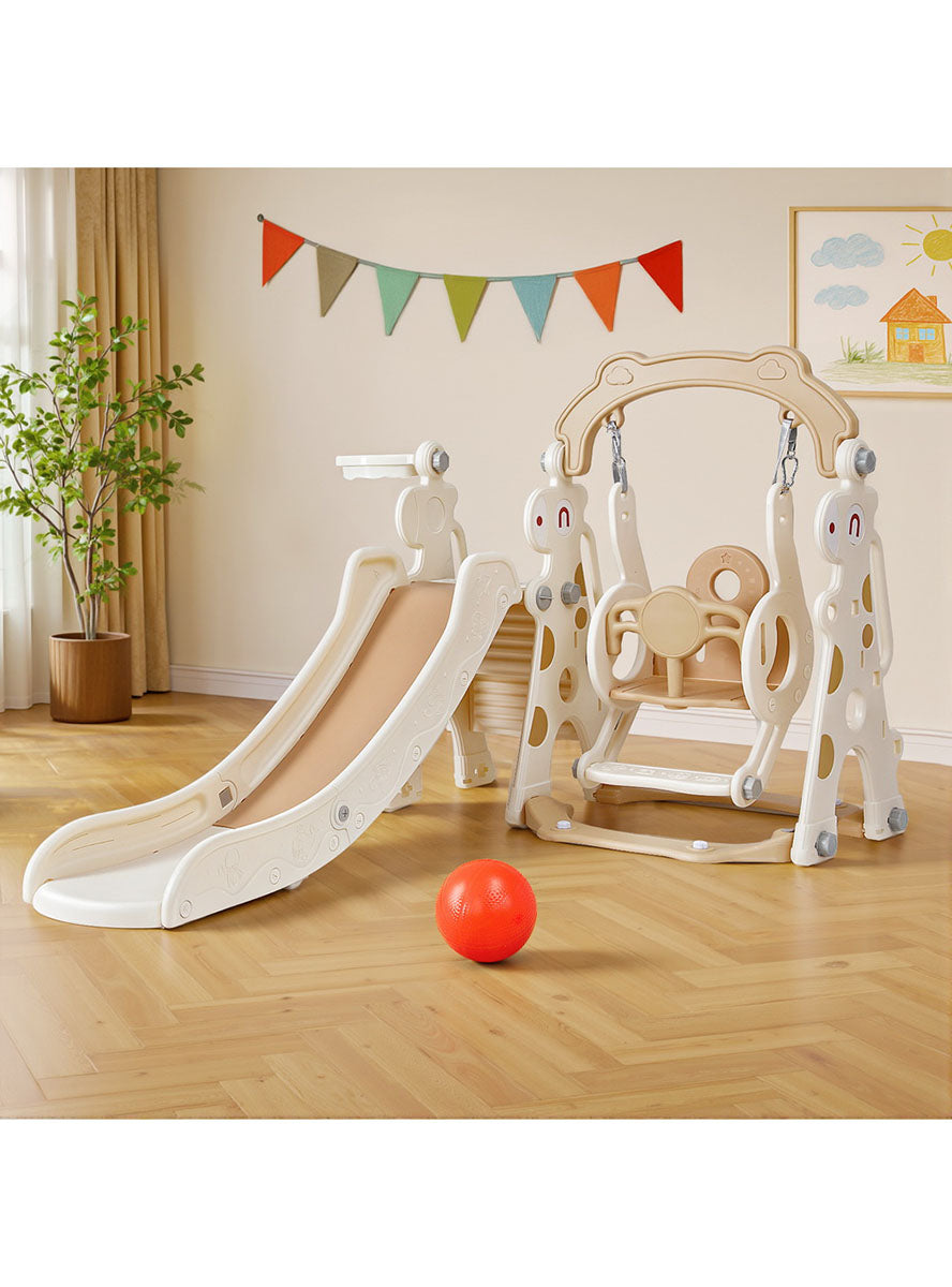 Keezi Kids Beige Plastic Playset With Slide Swing And Basketball Hoop - Lifestyle Image