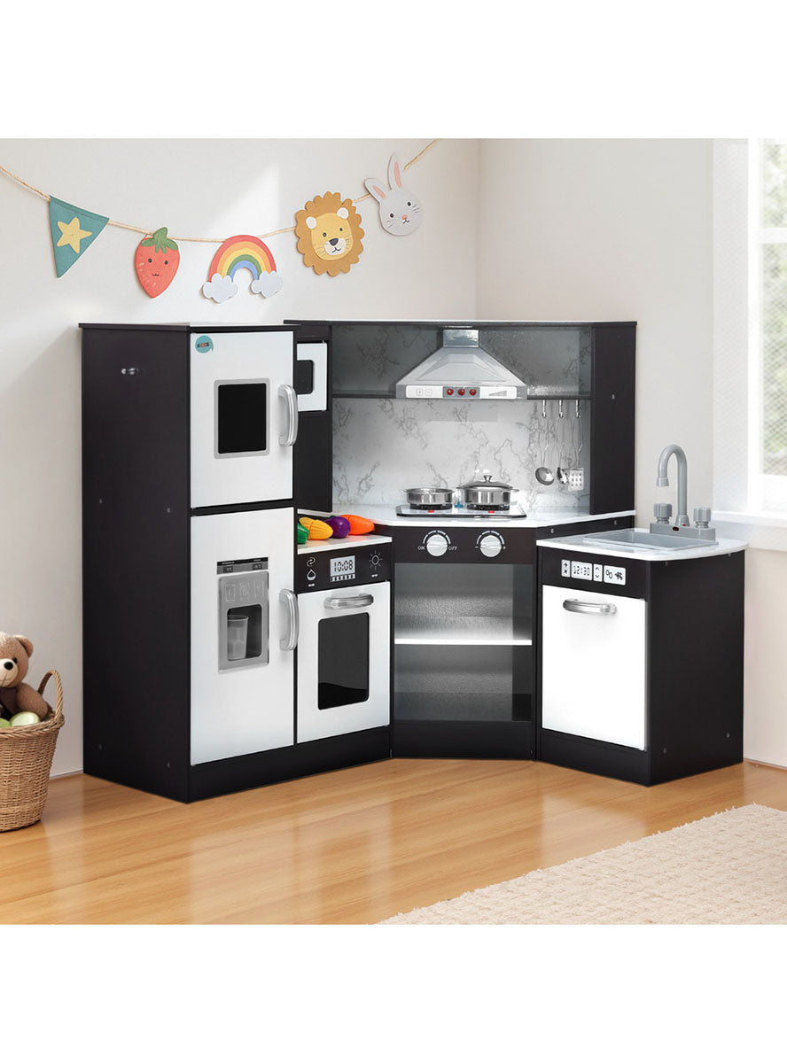 Keezi Kids Black And White Wooden Modern Kitchen Playset With Sounds And Lights - Lifestyle Image