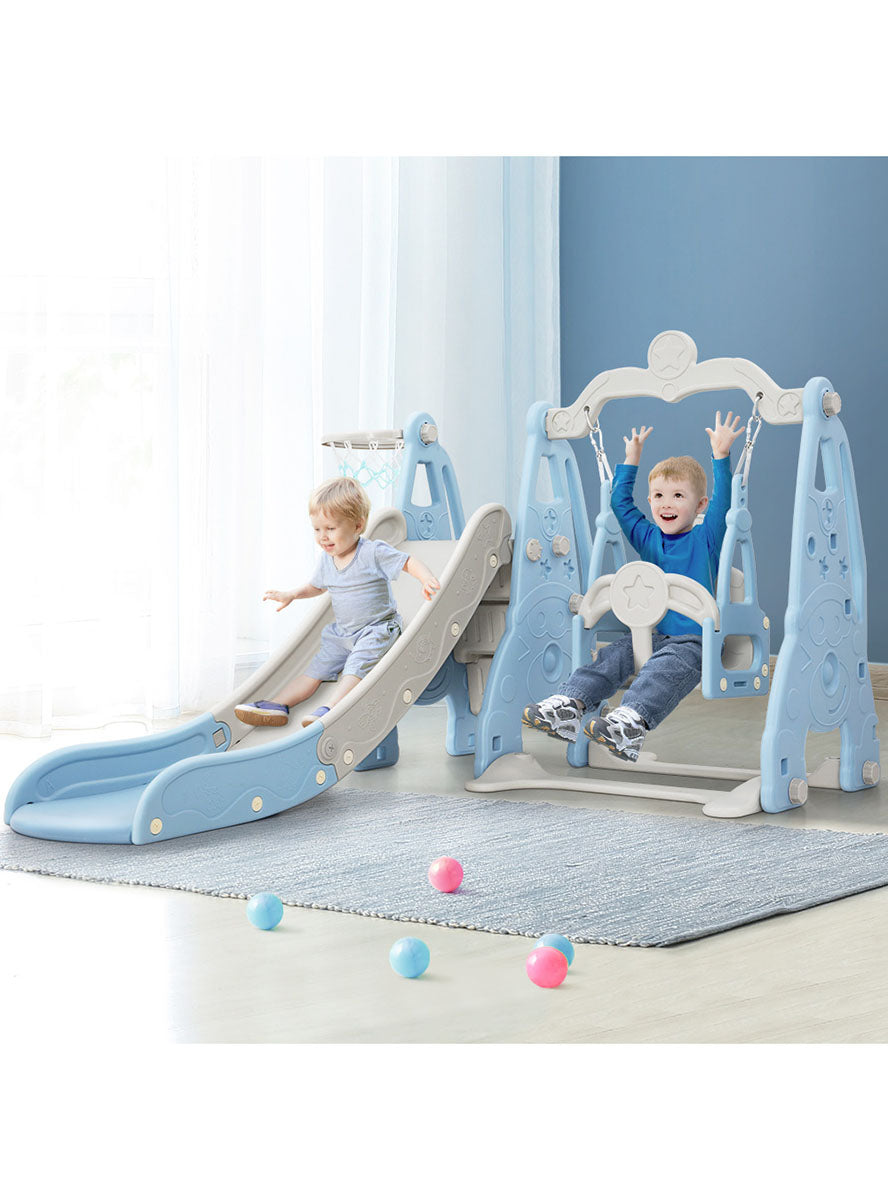 Keezi Kids Blue And Grey Outdoor Playset With Slide Swing And Basketball Hoop - Lifestyle Image