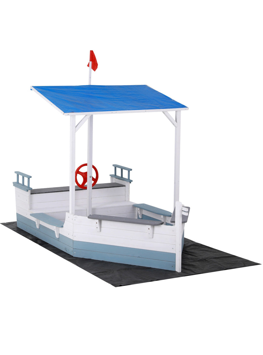 Keezi Kids Blue And White Boat Shaped Wooden Sand Pit With Blue Canopy - Alternate Image