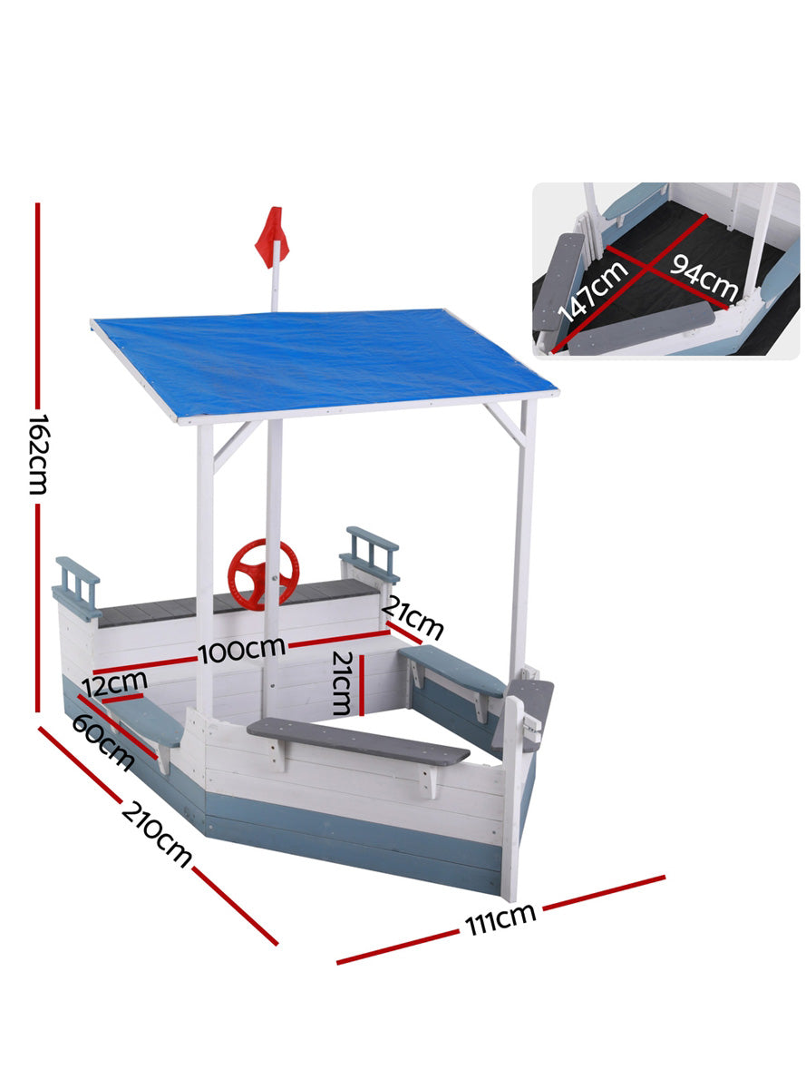 Keezi Kids Blue And White Boat Shaped Wooden Sand Pit With Blue Canopy - Dimensions Image