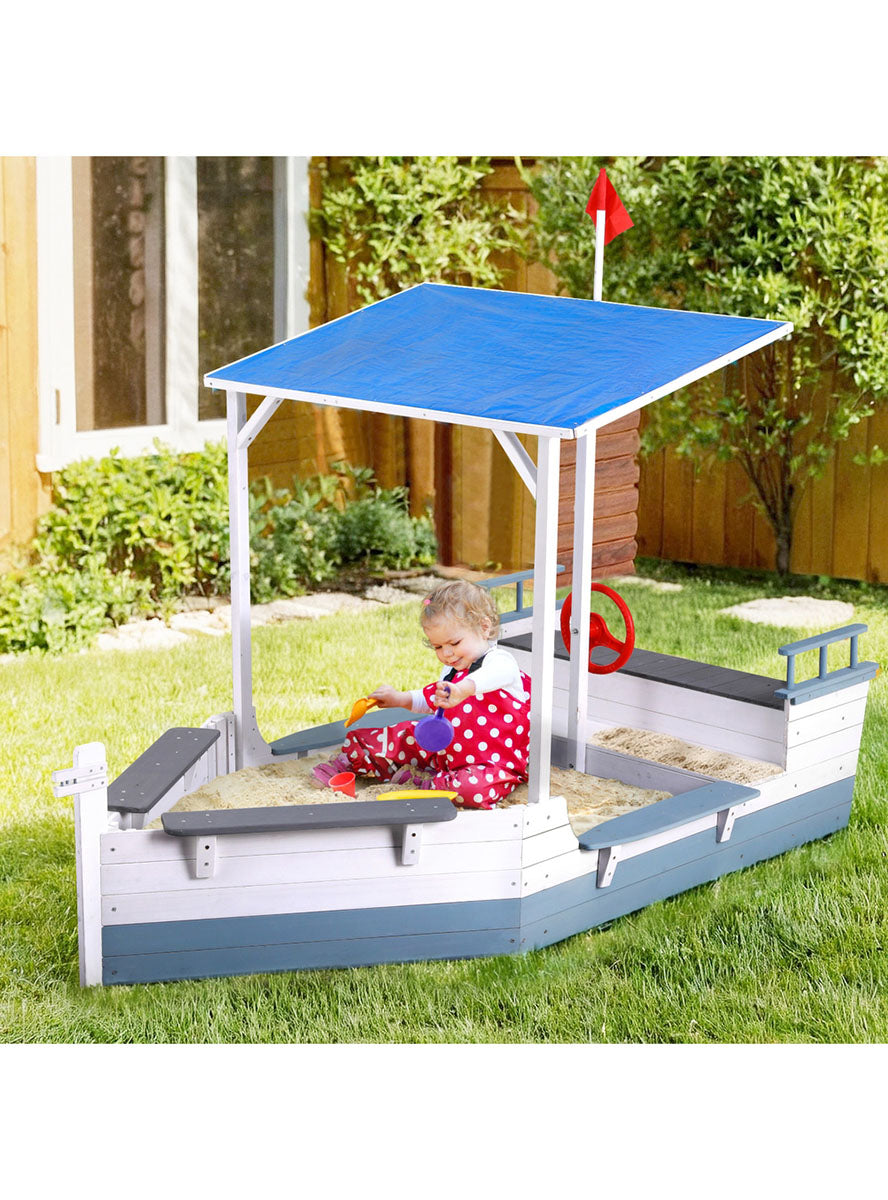 Keezi Kids Blue And White Boat Shaped Wooden Sand Pit With Blue Canopy - Lifestyle Image
