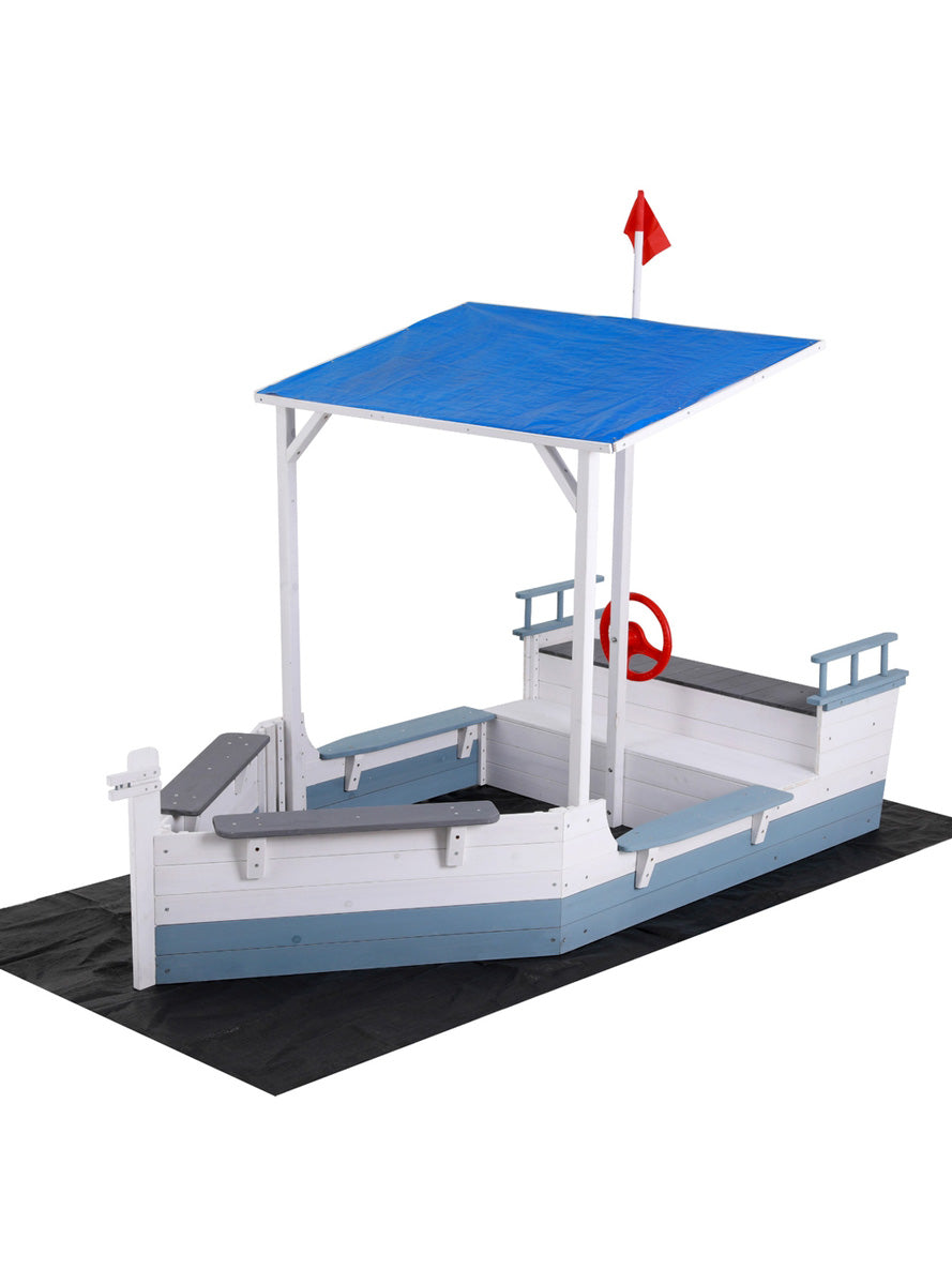 Keezi Kids Blue And White Boat Shaped Wooden Sand Pit With Blue Canopy - Main Image