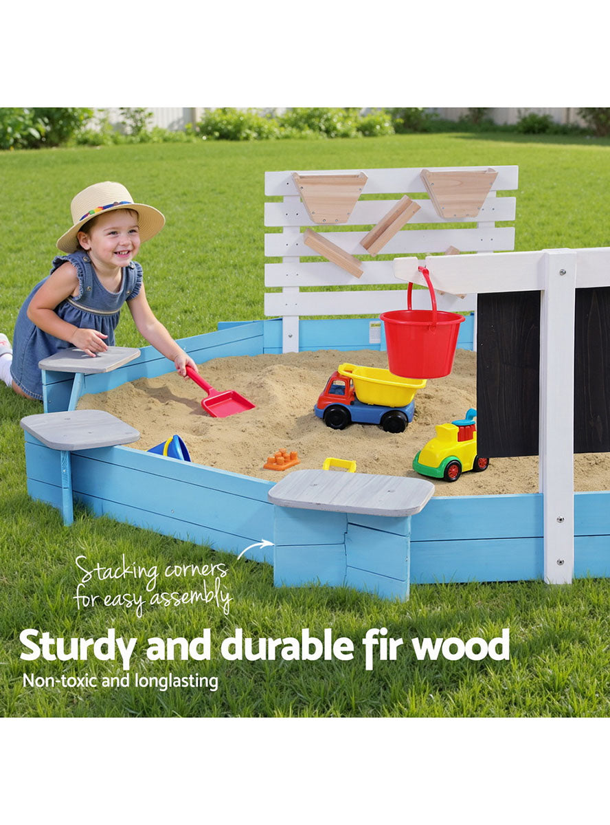 Keezi Kids Blue And White Wooden Outdoor Round Sandpit With Toys And Bench Seats - Info Image 1