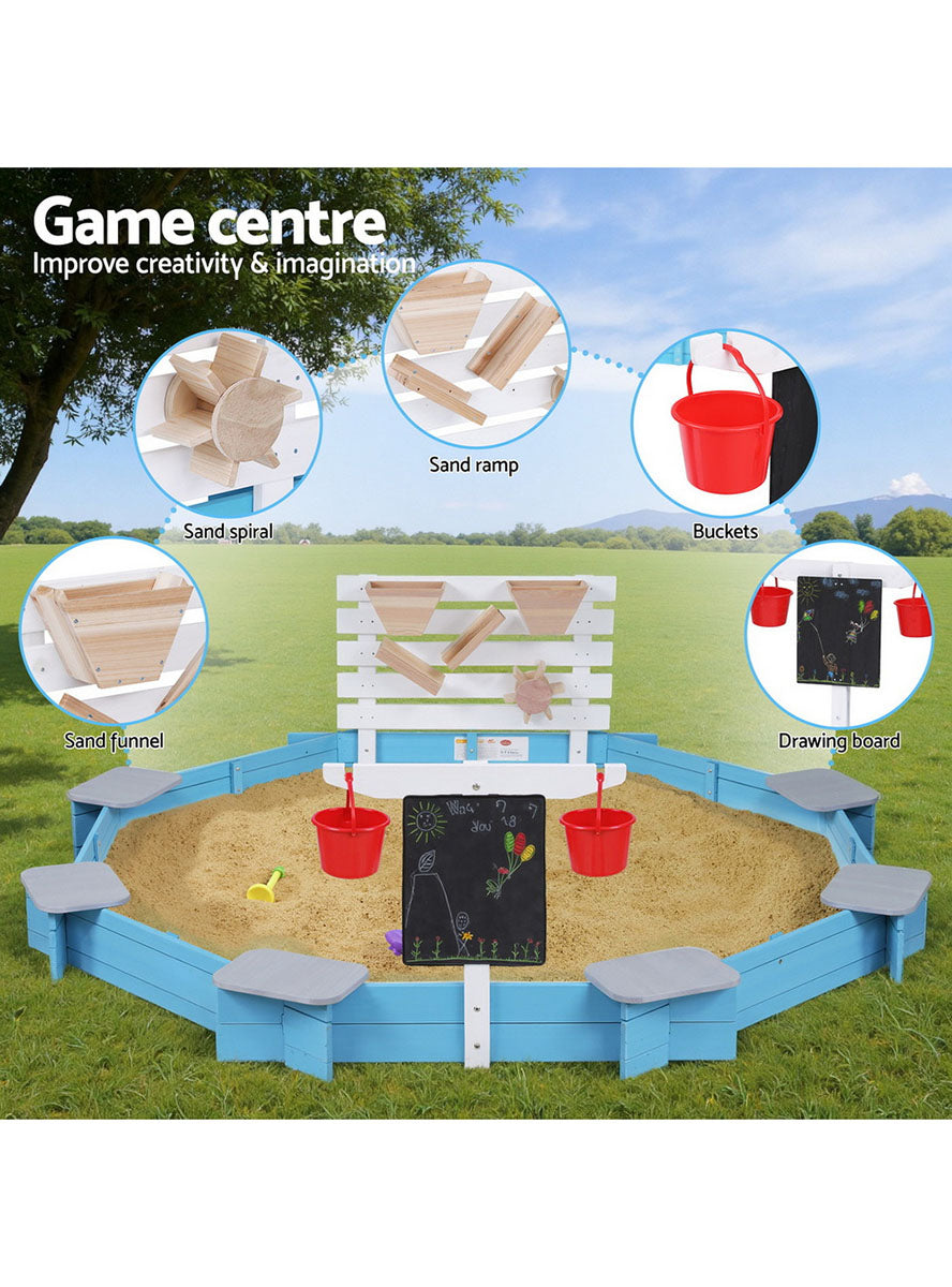 Keezi Kids Blue And White Wooden Outdoor Round Sandpit With Toys And Bench Seats - Info Image 2