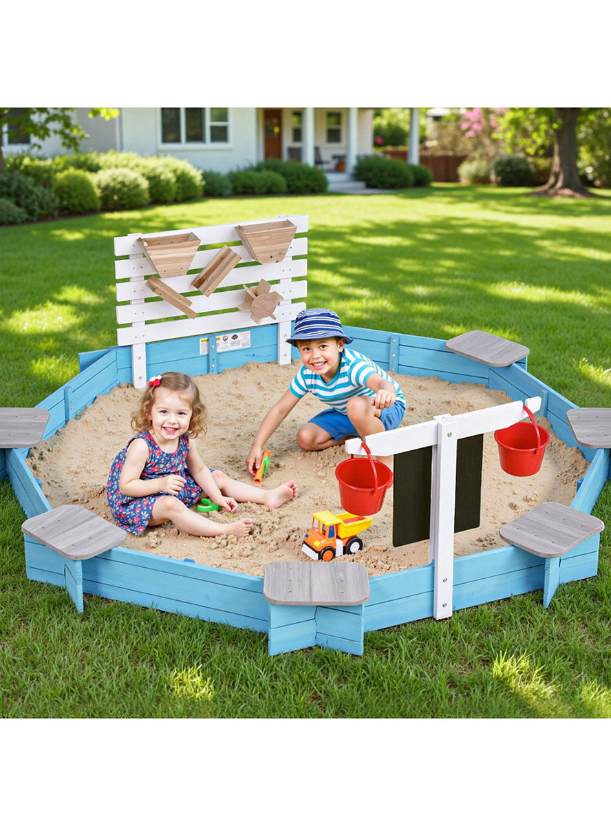Keezi Kids Blue And White Wooden Outdoor Round Sandpit With Toys And Bench Seats - Lifestyle Image