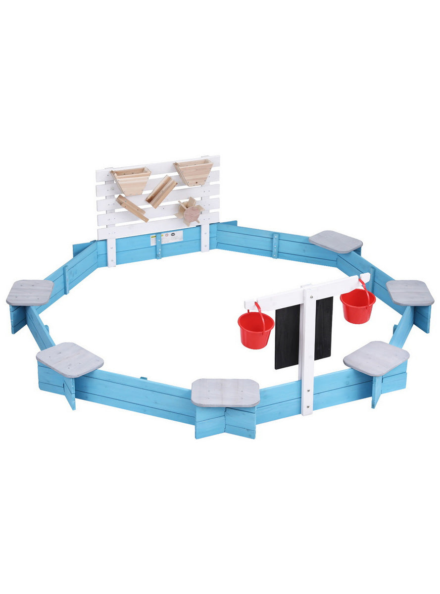 Keezi Kids Blue And White Wooden Outdoor Round Sandpit With Toys And Bench Seats - Main Image