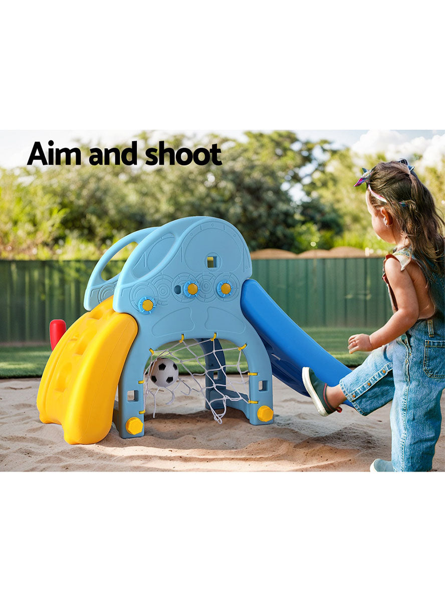 Keezi Kids Blue And Yellow Plastic Slide With Soccer Net And Basketball Hoop - Info Image 1