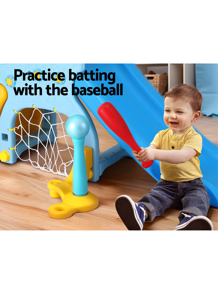 Keezi Kids Blue And Yellow Plastic Slide With Soccer Net And Basketball Hoop - Info Image 2