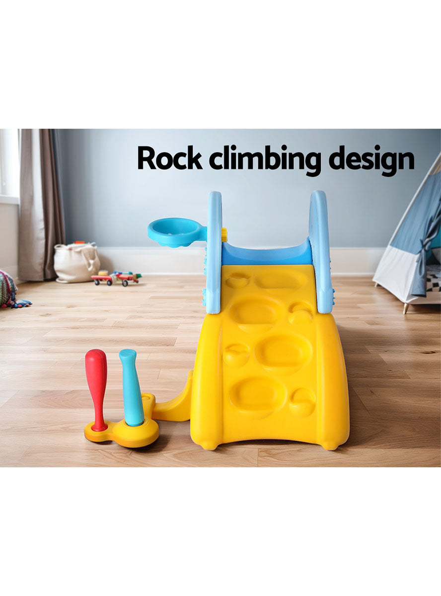 Keezi Kids Blue And Yellow Plastic Slide With Soccer Net And Basketball Hoop - Info Image 3