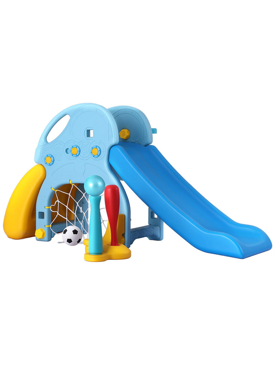 Keezi Kids Blue And Yellow Plastic Slide With Soccer Net And Basketball Hoop - Main Image