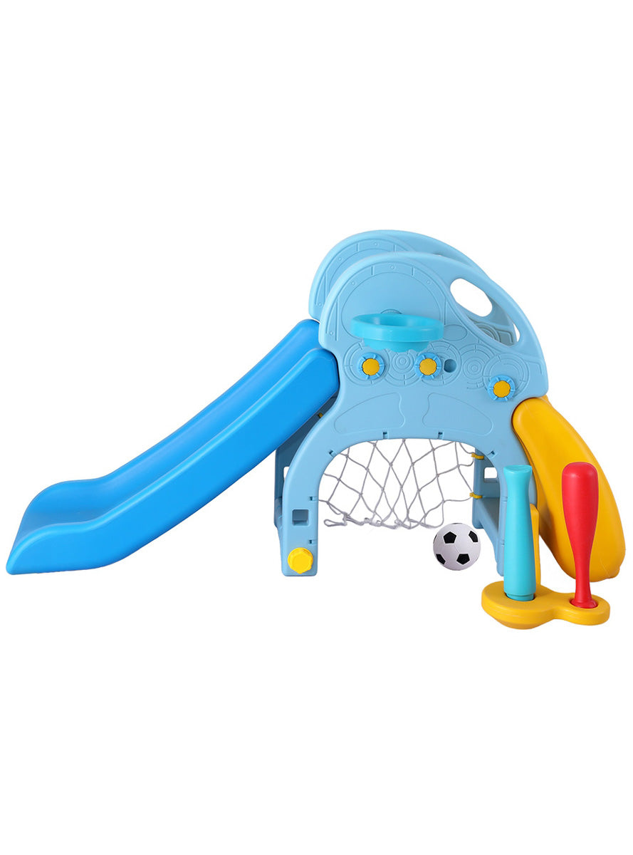 Keezi Kids Blue And Yellow Plastic Slide With Soccer Net And Basketball Hoop - Side Image
