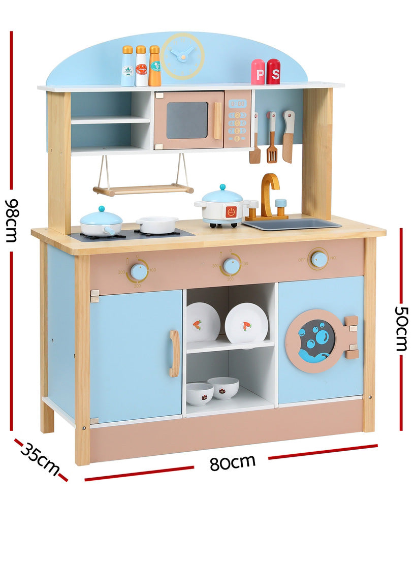 Keezi Kids Blue Wooden Kitchen Playset With Sink And Microwave - Dimensions Image