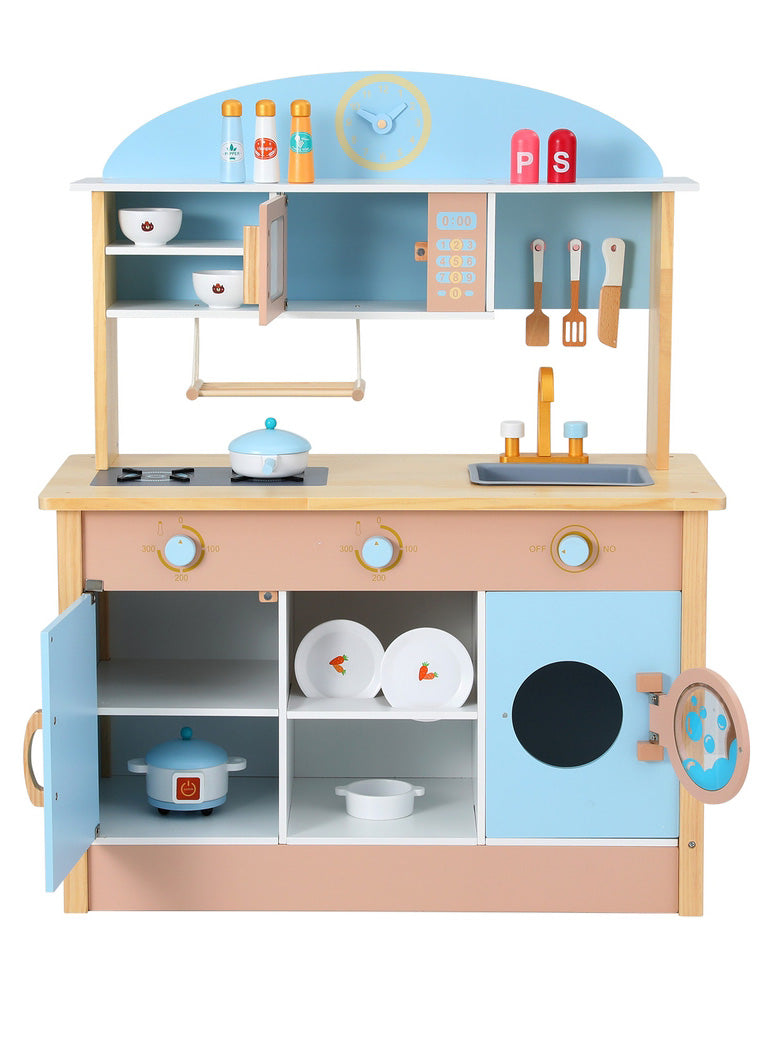 Keezi Kids Blue Wooden Kitchen Playset With Sink And Microwave - Front Image