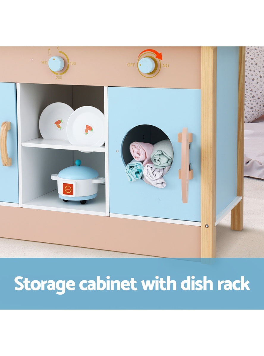 Keezi Kids Blue Wooden Kitchen Playset With Sink And Microwave - Info Image 3