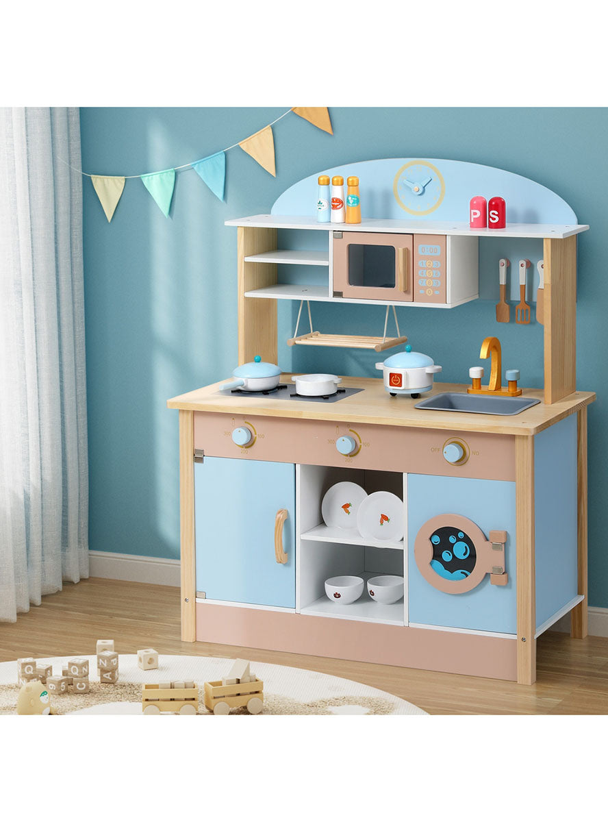 Keezi Kids Blue Wooden Kitchen Playset With Sink And Microwave - Lifestyle Image