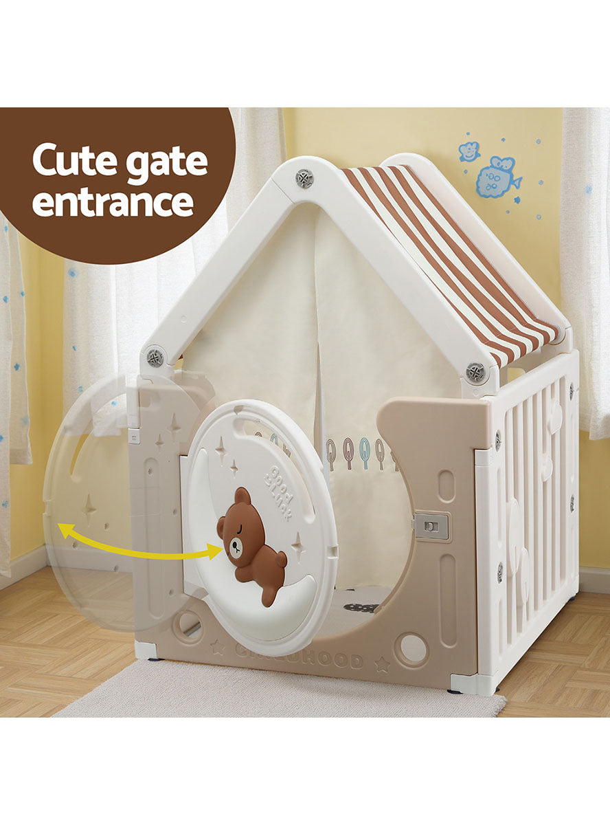 Keezi Kids Brown And White Indoor Plastic Tent Castle Playhouse With Floor Mat And Bear - Info Image 2