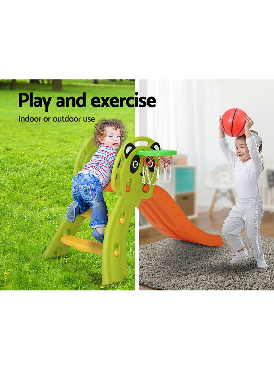 Keezi Kids Green And Orange 100cm Plastic Panda Slide With Basketball Hoop - Info Image 1