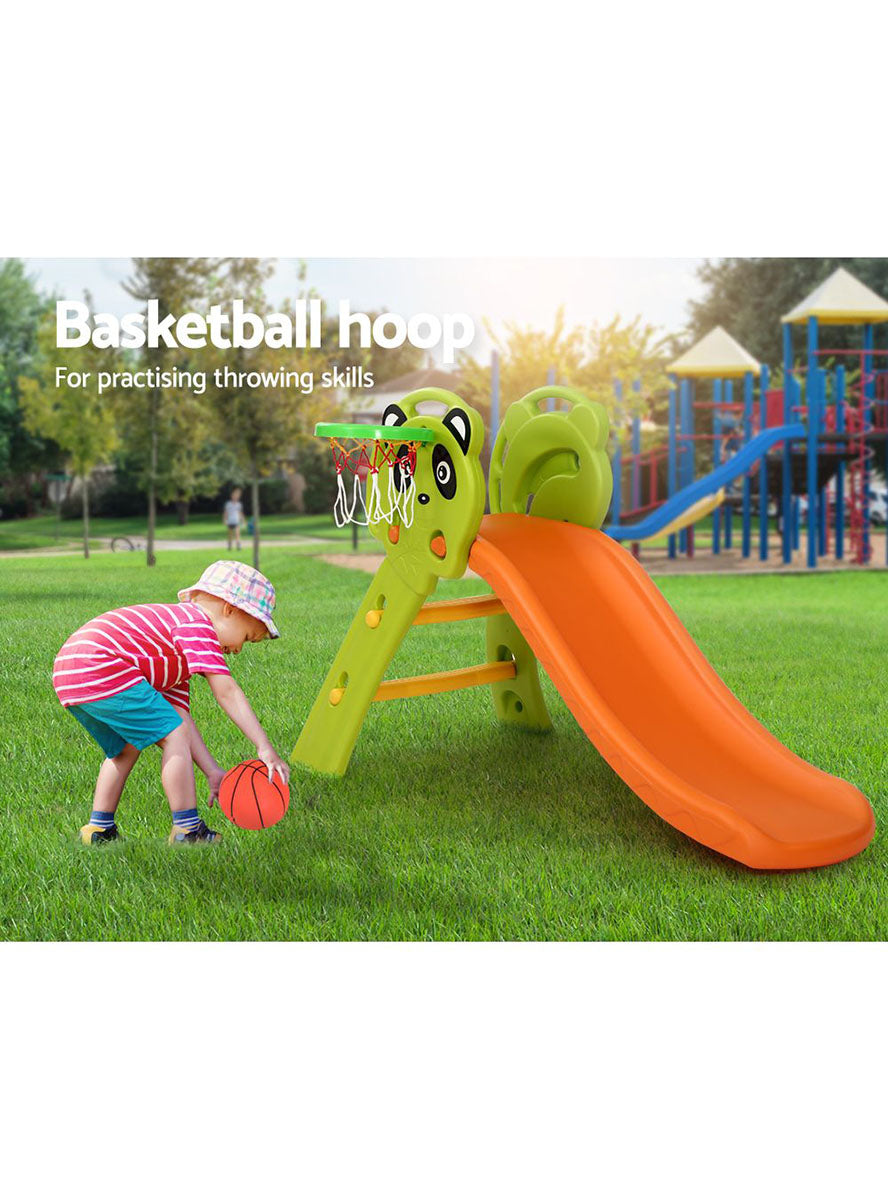 Keezi Kids Green And Orange 100cm Plastic Panda Slide With Basketball Hoop - Info Image 3