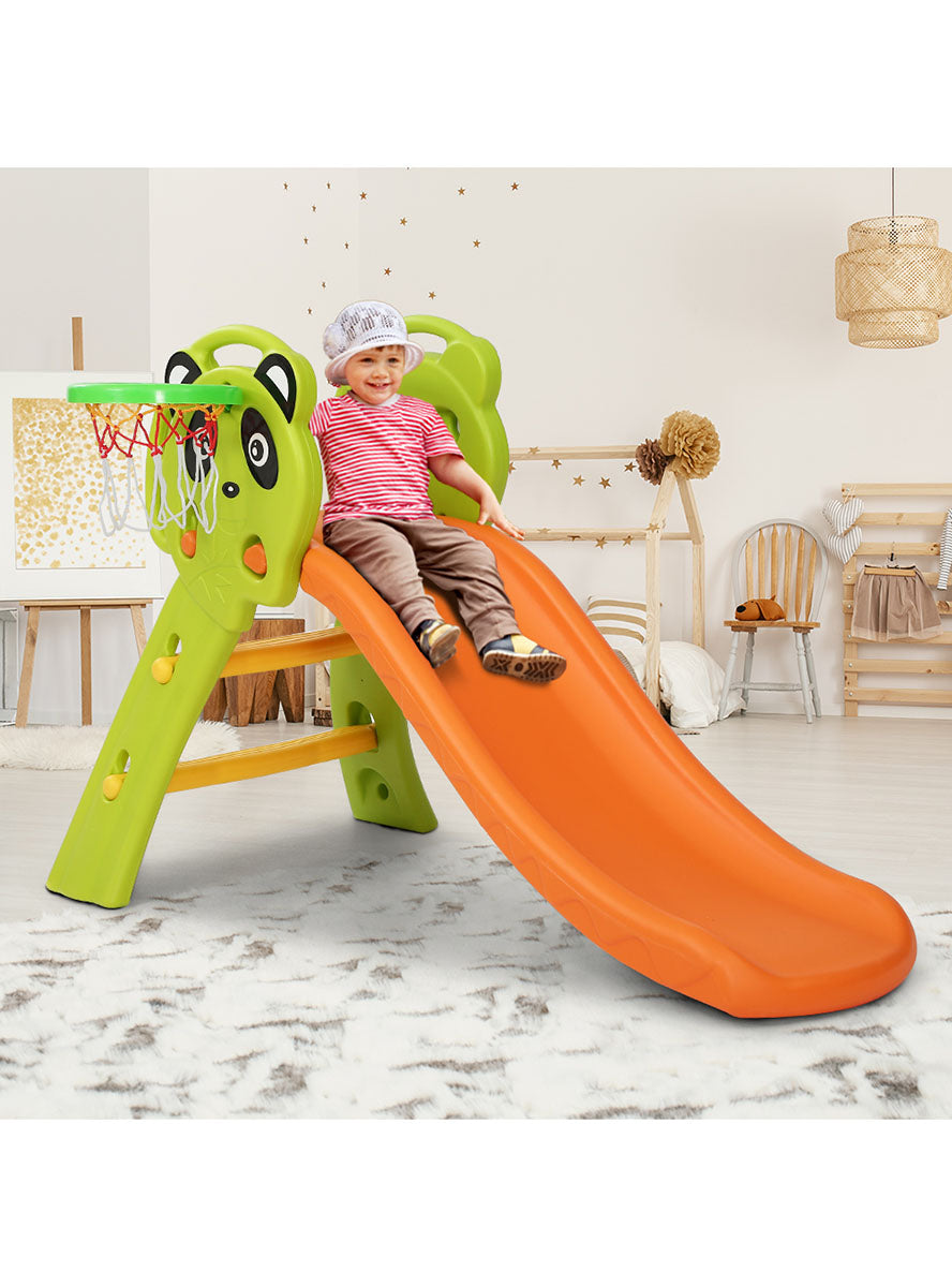 Keezi Kids Green And Orange 100cm Plastic Panda Slide With Basketball Hoop - Lifestyle Image
