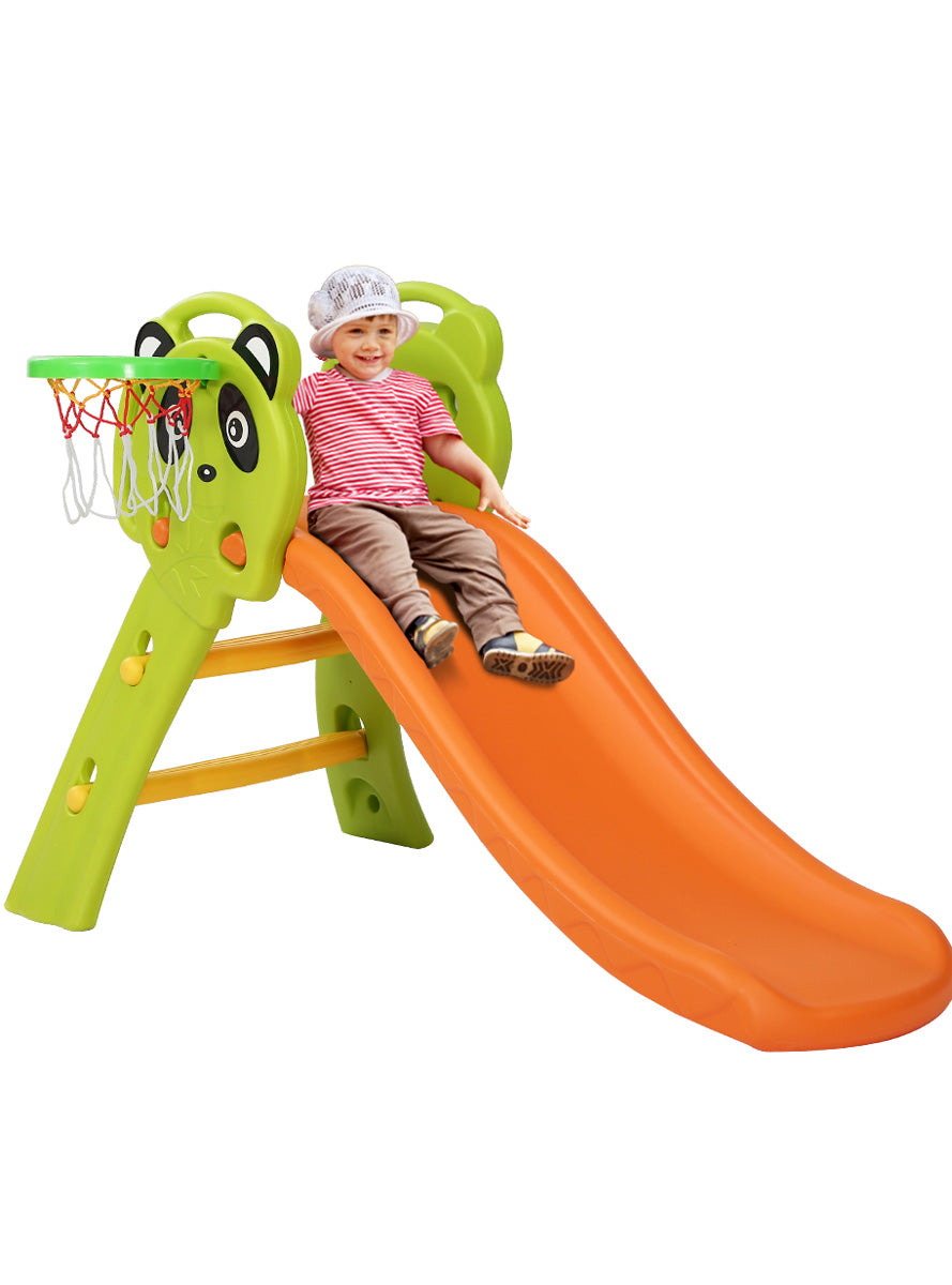 Keezi Kids Green And Orange 100cm Plastic Panda Slide With Basketball Hoop - Main Image