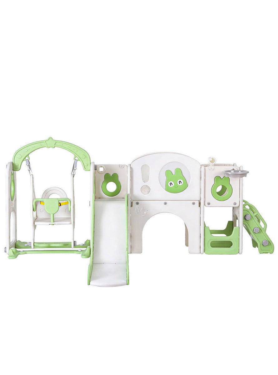 Keezi Kids Green And White 4 In 1 Plastic Outdoor Playset With Swing Slide And Basketball Hoop - Front Image