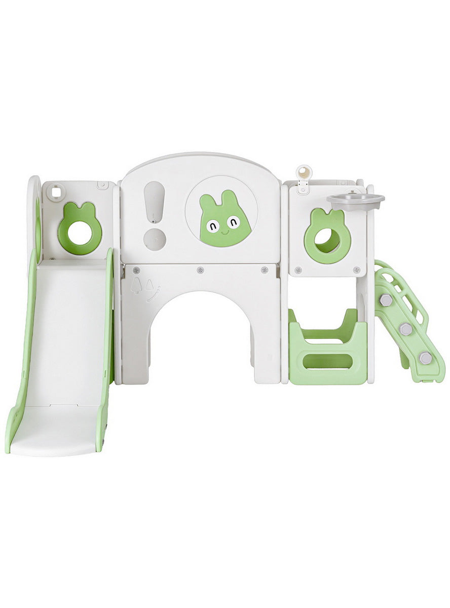 Keezi Kids Green And White Plastic Outdoor Playset With Slide And Basketball Hoop - Front Image