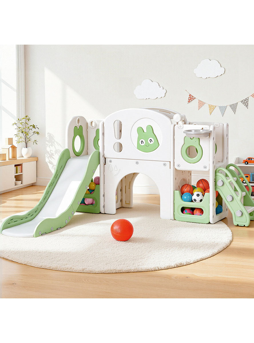 Keezi Kids Green And White Plastic Outdoor Playset With Slide And Basketball Hoop - Lifestyle Image
