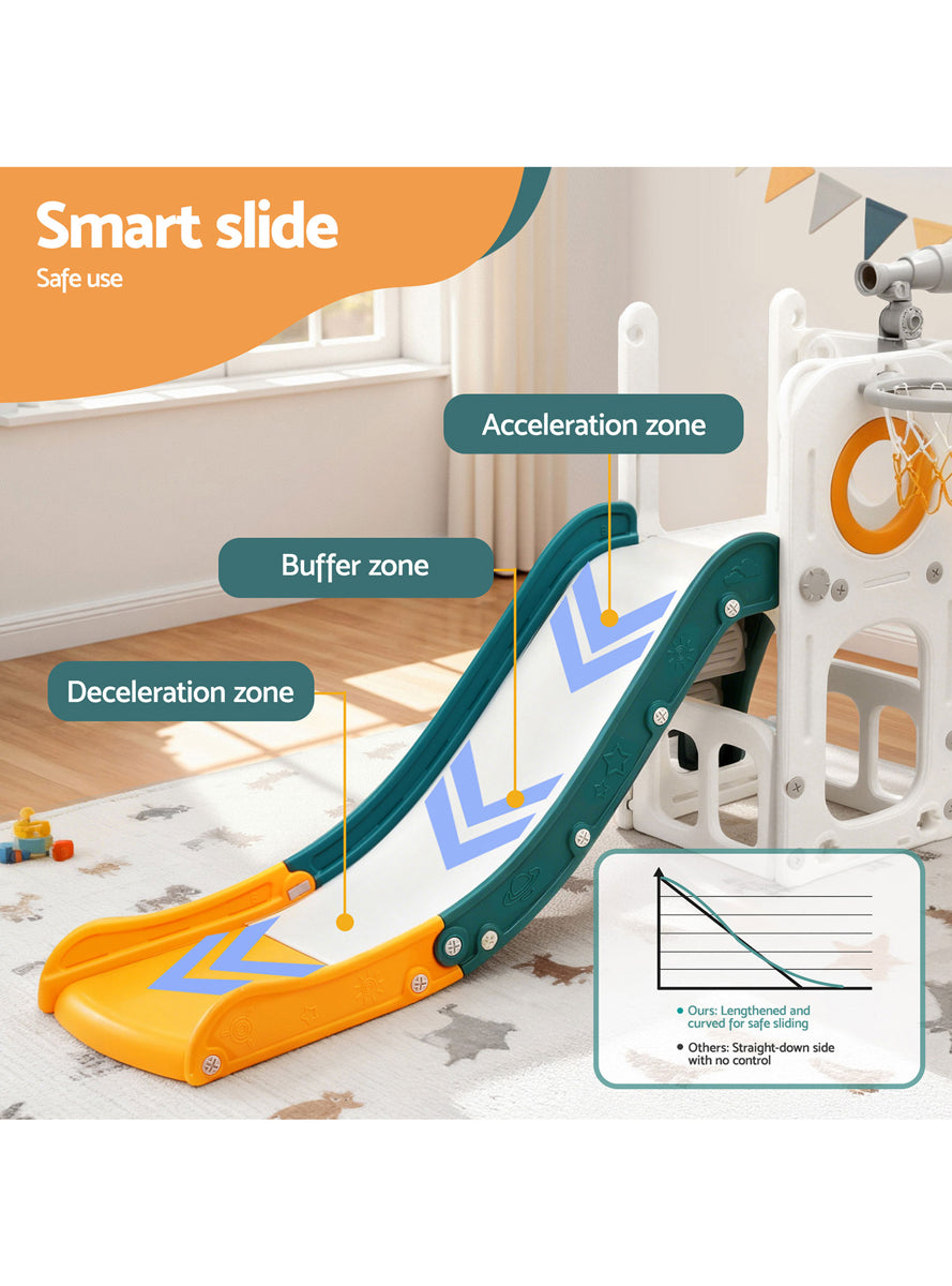 Keezi Kids Green And Yellow Plastic Slide With Basketball Hoop - Info Image 4