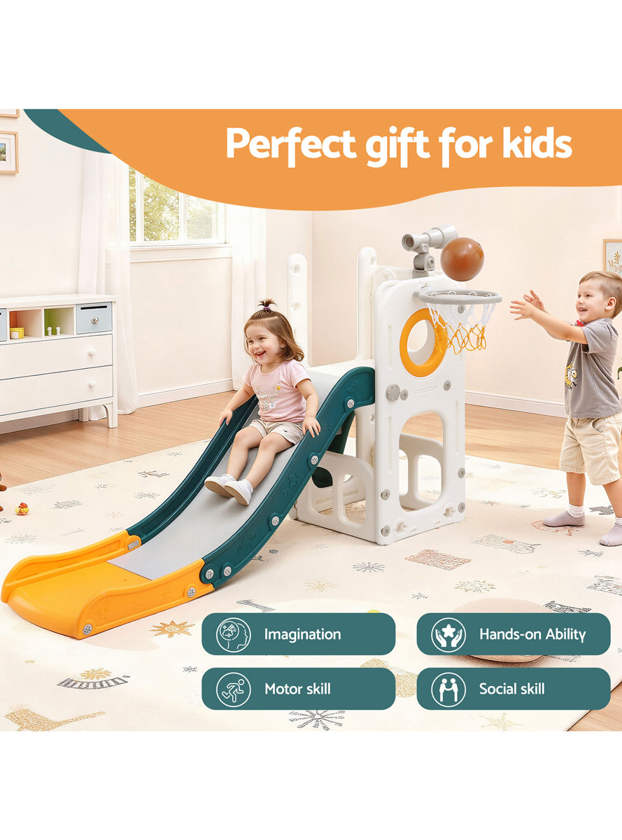 Keezi Kids Green And Yellow Plastic Slide With Basketball Hoop - Info Image 5