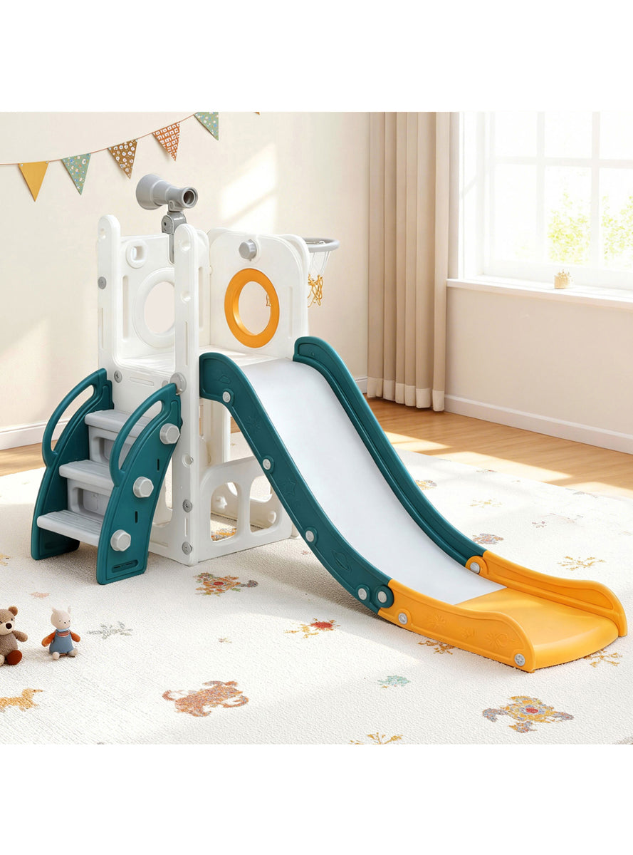 Keezi Kids Green And Yellow Plastic Slide With Basketball Hoop - Lifestyle Image