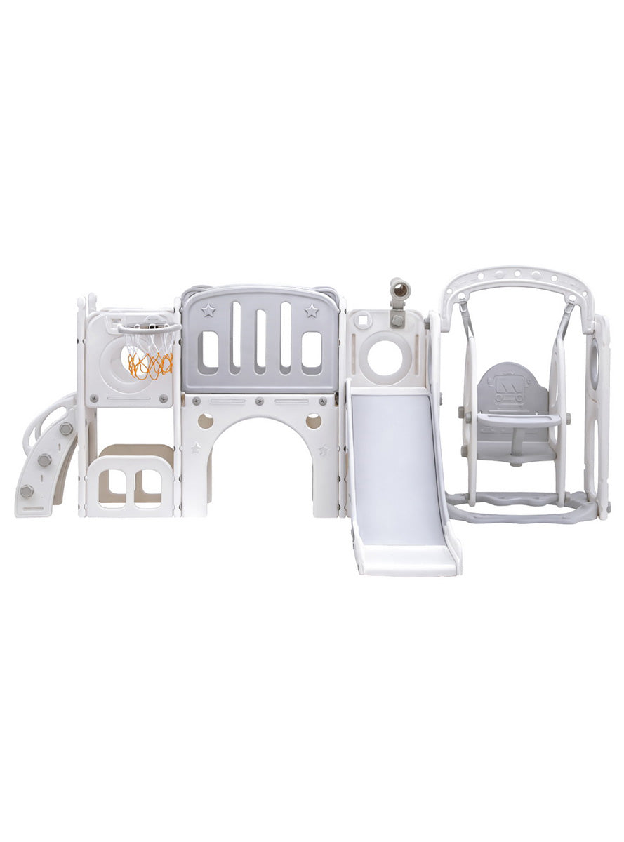 Keezi Kids Grey 4 In 1 Large Outdoor Playset With Slide Swing And Basketball Hoop - Front Image