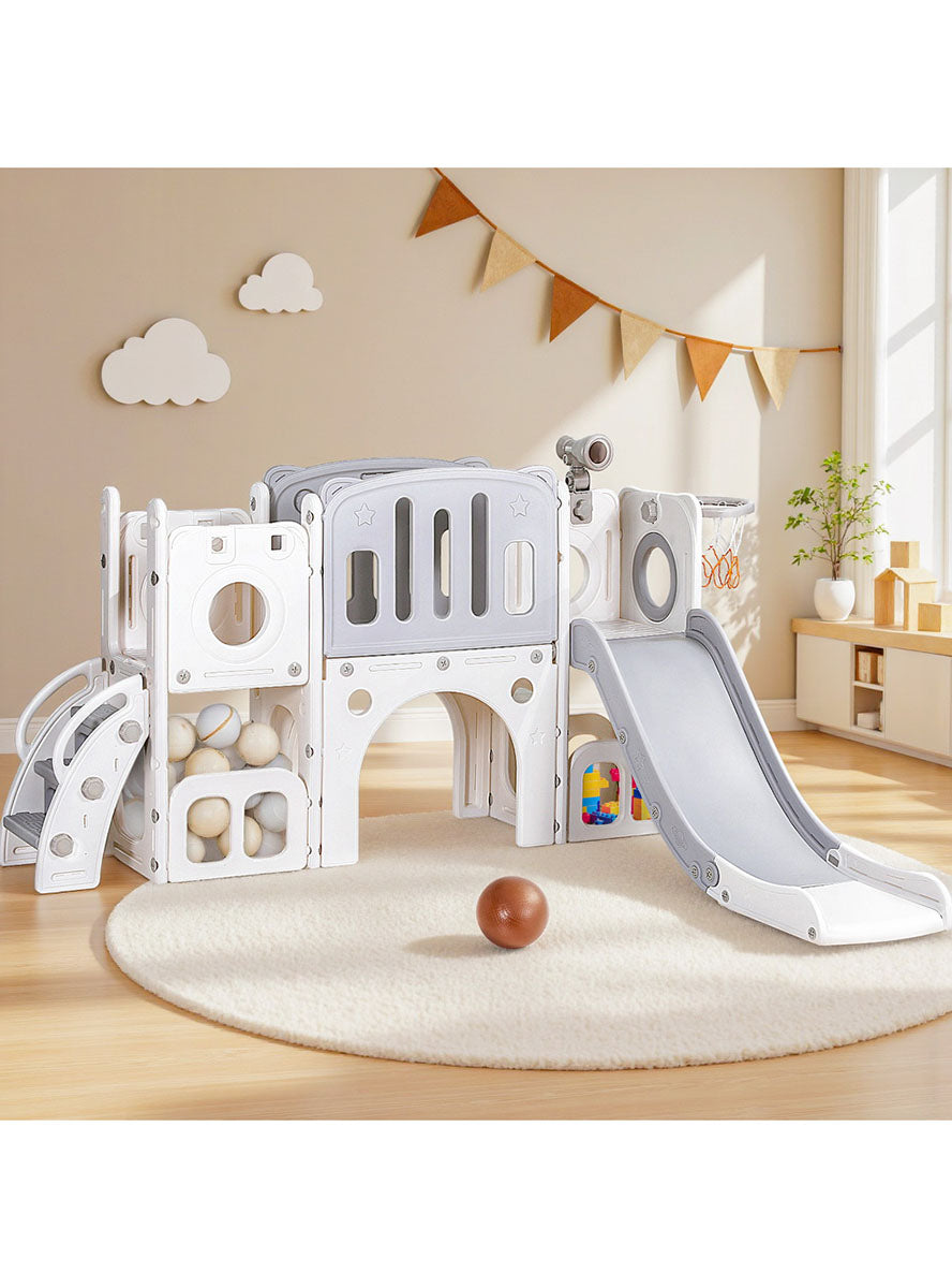 Keezi Kids Grey Outdoor Playset With Slide And Basketball Hoop - Lifestyle Image