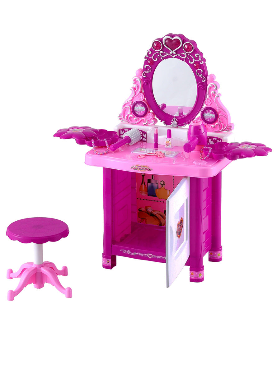 Keezi Kids Hot Pink Girls Pretend Makeup Table With Chair - Front Image