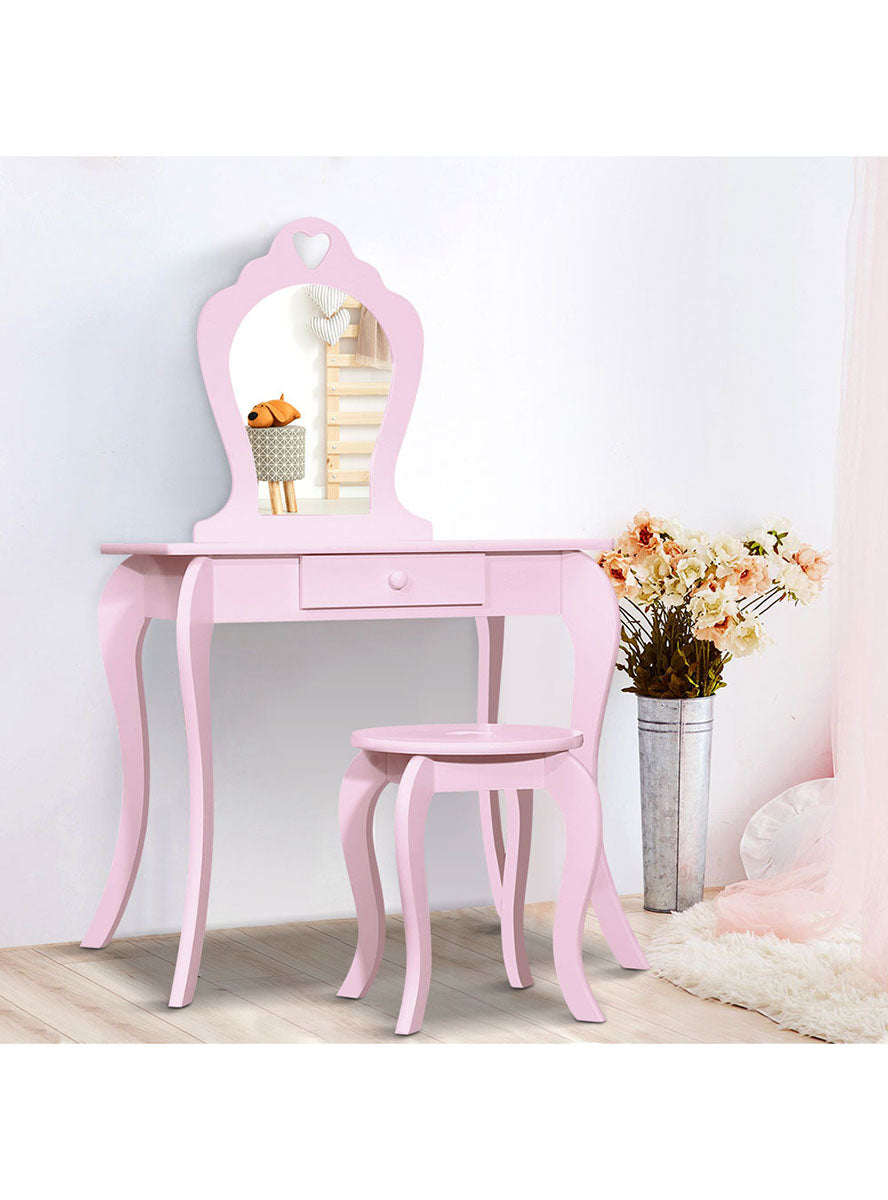 Keezi Kids Light Pink Wooden Princess Makeup Table With Stool - Lifestyle Image