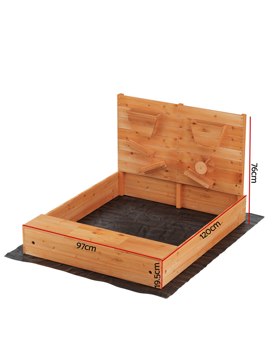 Keezi Kids Outdoor Wooden 120cm Square Sandpit With Bench Seat And Wooden Funnel Toys For Water - Dimensions Image