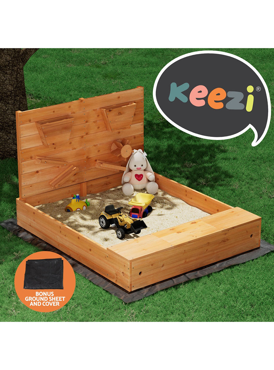 Keezi Kids Outdoor Wooden 120cm Square Sandpit With Bench Seat And Wooden Funnel Toys For Water - Info Image