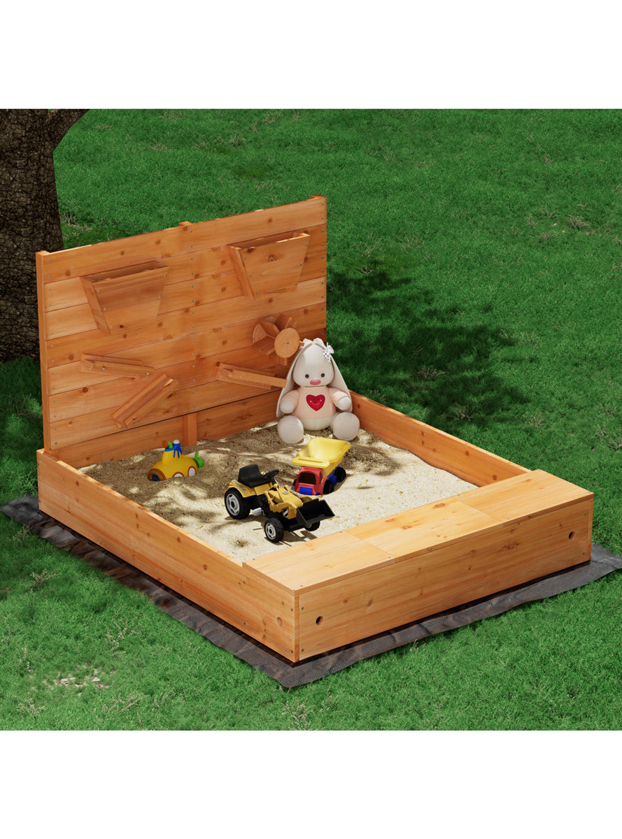 Keezi Kids Outdoor Wooden 120cm Square Sandpit With Bench Seat And Wooden Funnel Toys For Water - Lifestyle Image