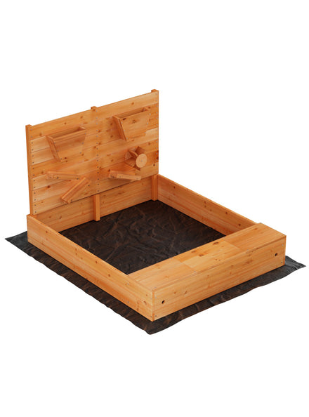 Keezi Kids Outdoor Wooden 120cm Square Sandpit With Bench Seat And Wooden Funnel Toys For Water - Main Image