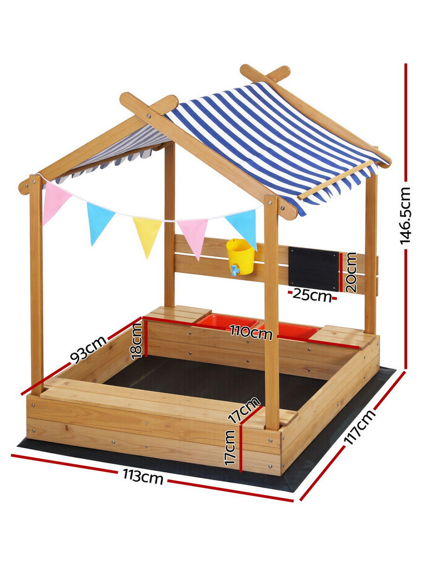 Keezi Kids Outdoor Wooden Sandpit With Water Basin And Toys And Blue Striped Canopy - Dimensions Image