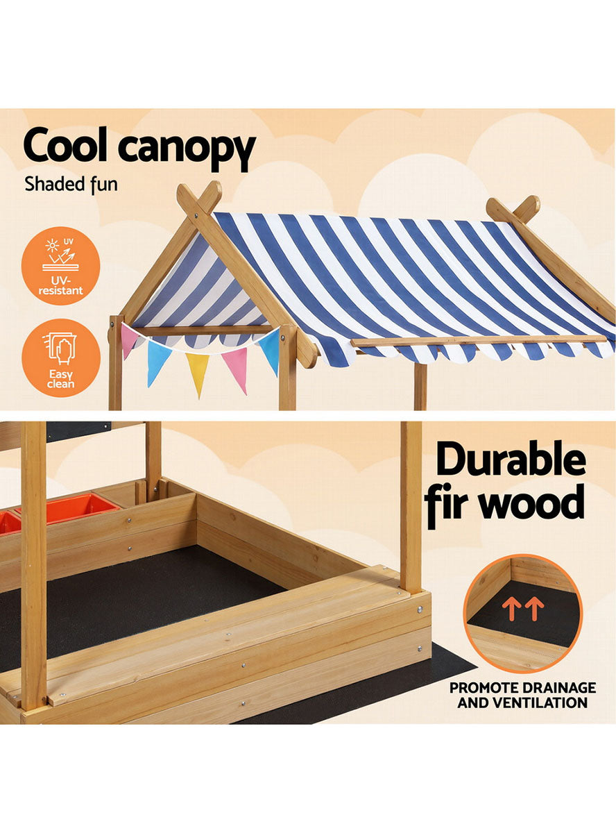 Keezi Kids Outdoor Wooden Sandpit With Water Basin And Toys And Blue Striped Canopy - Info Image 1