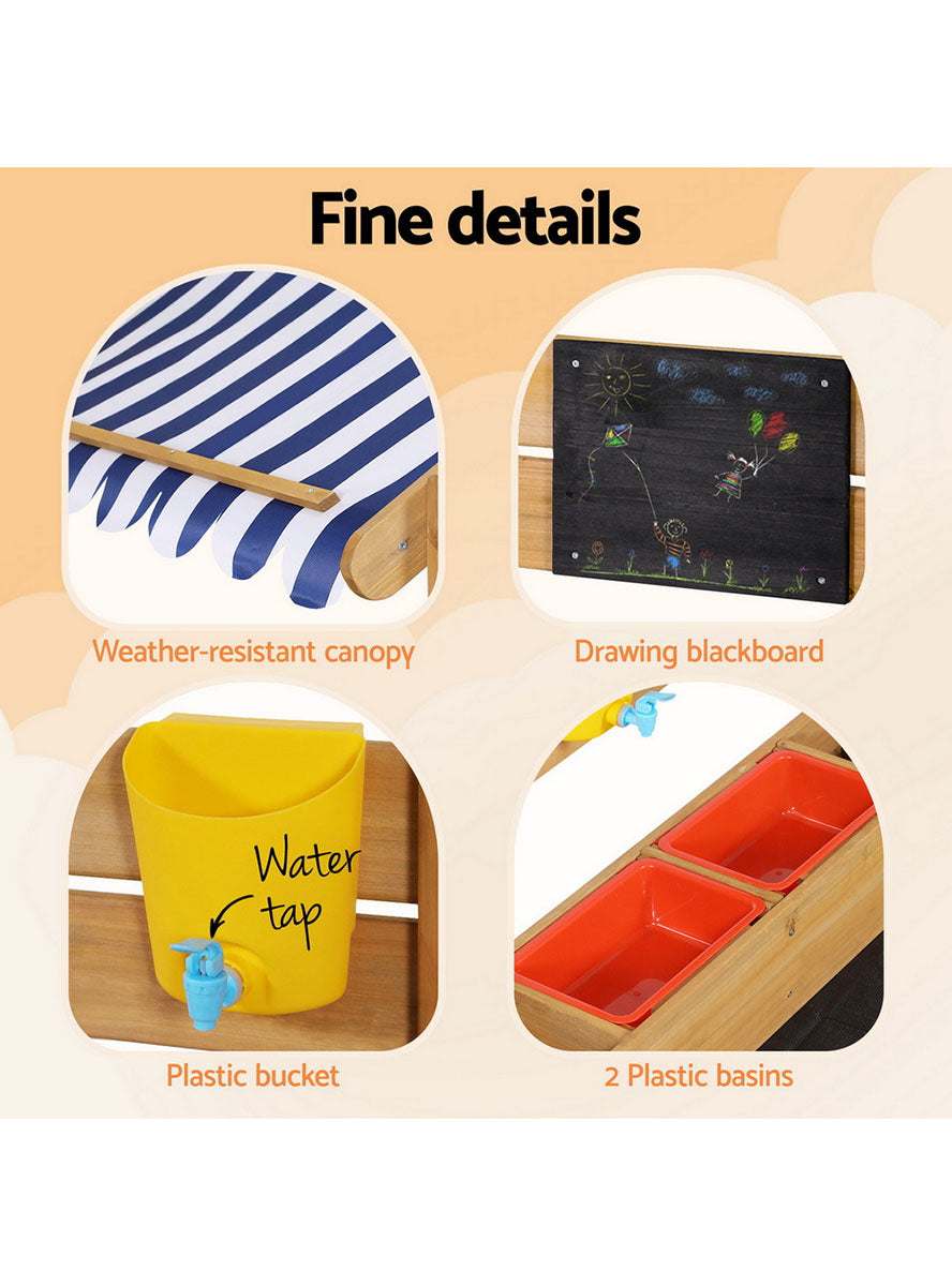 Keezi Kids Outdoor Wooden Sandpit With Water Basin And Toys And Blue Striped Canopy - Info Image 2