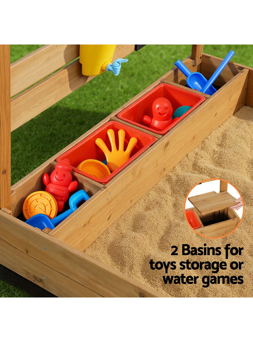 Keezi Kids Outdoor Wooden Sandpit With Water Basin And Toys And Blue Striped Canopy - Info Image 3