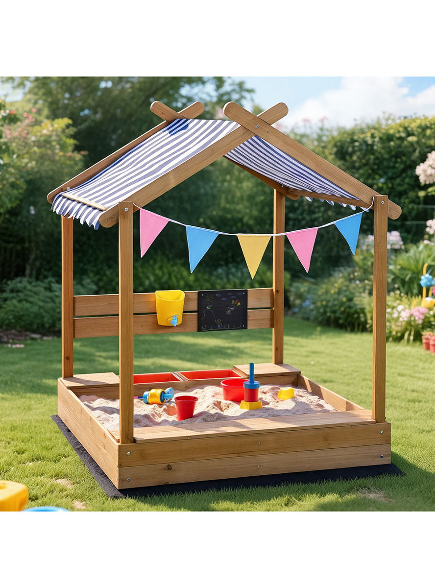 Keezi Kids Outdoor Wooden Sandpit With Water Basin And Toys And Blue Striped Canopy - Lifestyle Image