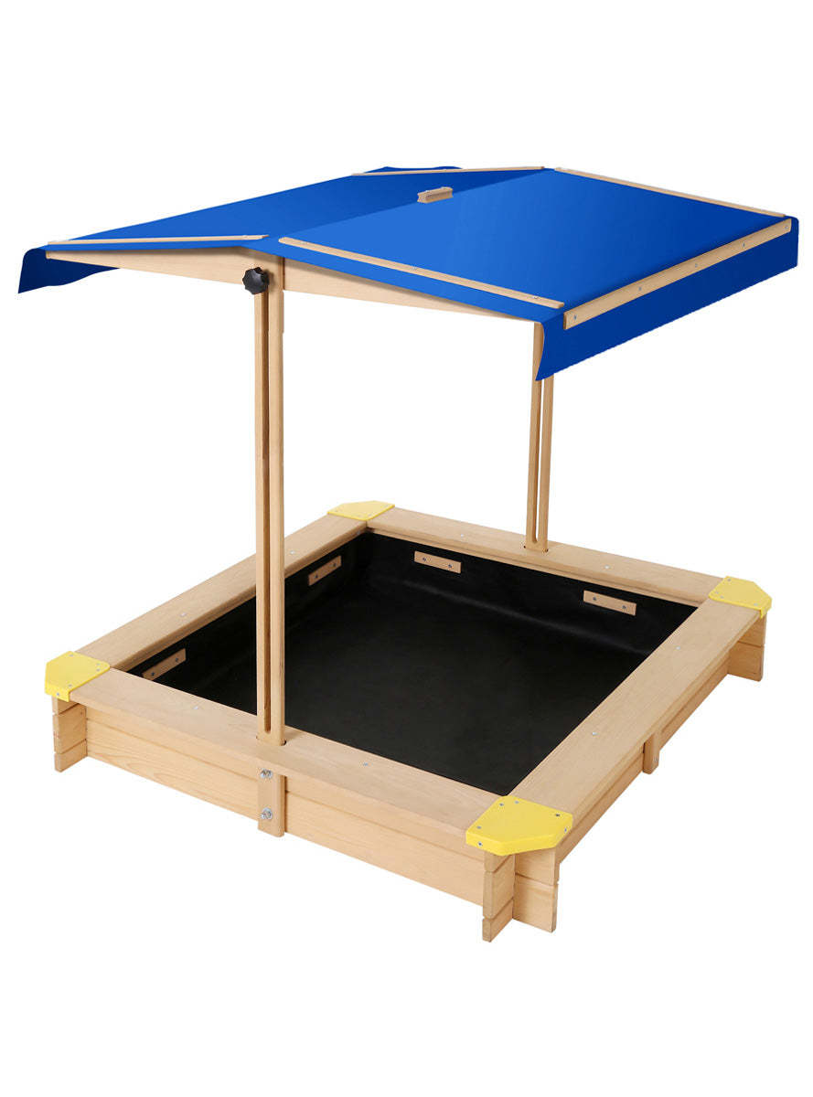 Keezi Kids Outdoor Wooden Square Sand Pit With Blue Canopy - Alternate Image