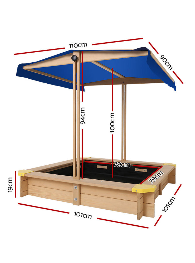 Keezi Kids Outdoor Wooden Square Sand Pit With Blue Canopy - Dimensions Image
