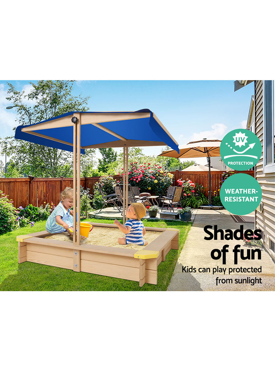 Keezi Kids Outdoor Wooden Square Sand Pit With Blue Canopy - Info Image 2