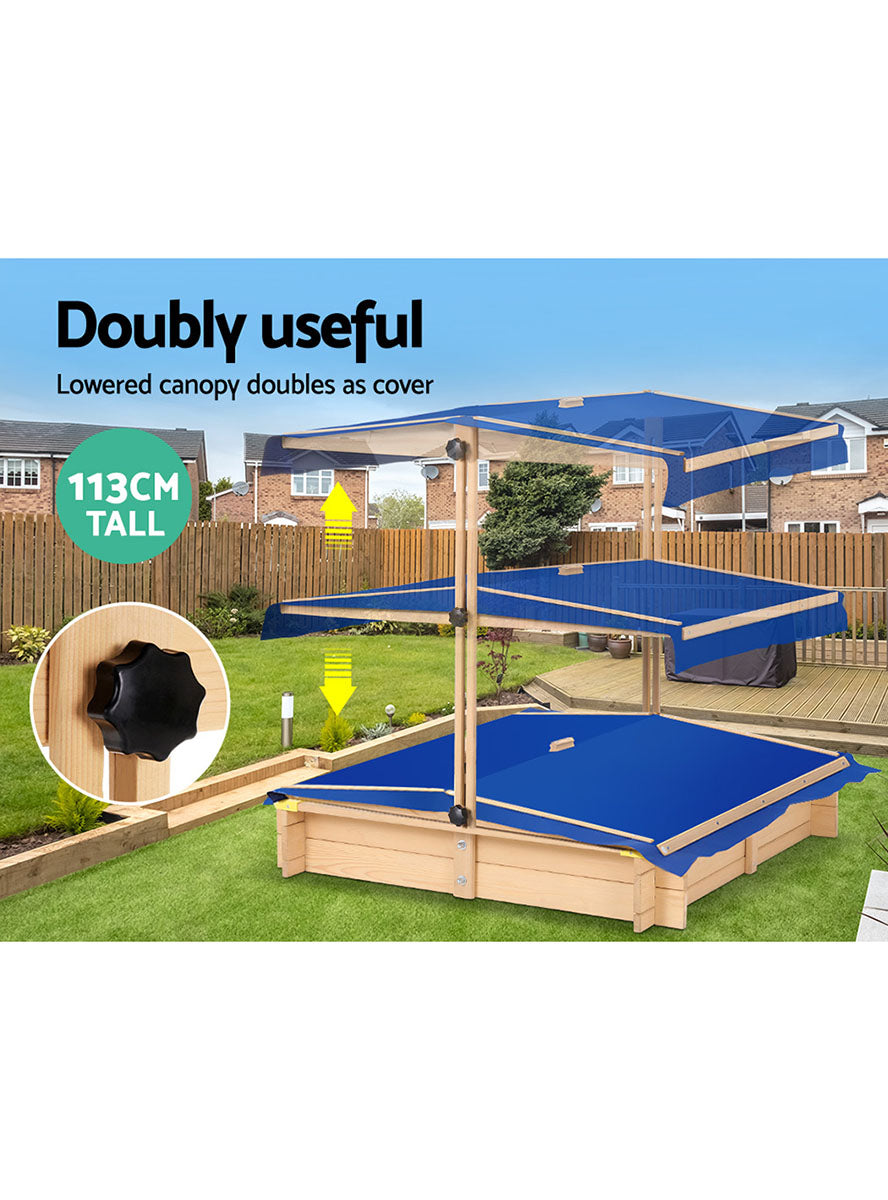 Keezi Kids Outdoor Wooden Square Sand Pit With Blue Canopy - Info Image 3